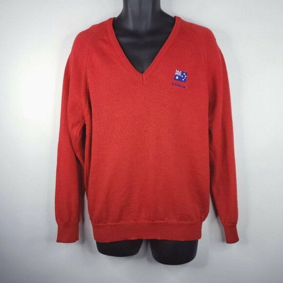 Vintage Wool V-Neck Sweater Red Australia Australian Flag Embroidered XL - Picture 2 of 5